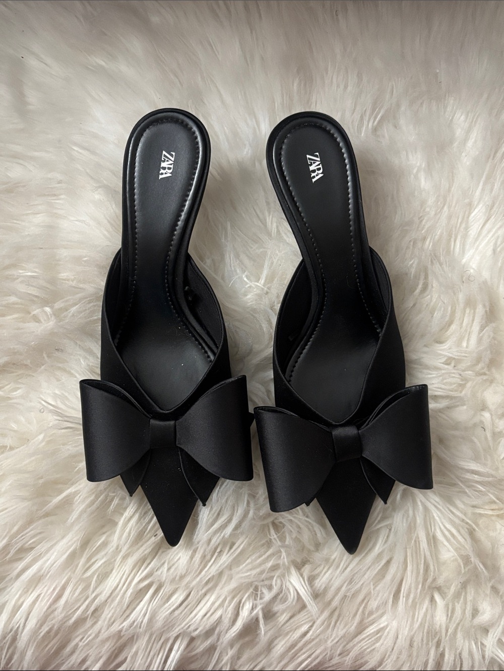 Zara Black Pointed Toe Slide Mules with Bow